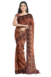 Silk Saree by Sarandhri Cosy Silk with Traditional Indian Print Majestic Mocha Melody x One Blouse