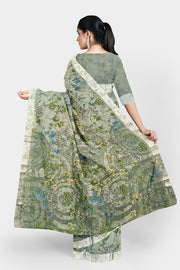 Linen Satin Saree by Sarandhri Siddhi Linen Satin Saree Olive Grove Glamour x One Blouse