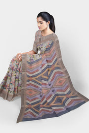Pure Linen Digital Print Saree by Sarandhri Sanyogita Rosebuds and Violet Honeycombs x One Blouse
