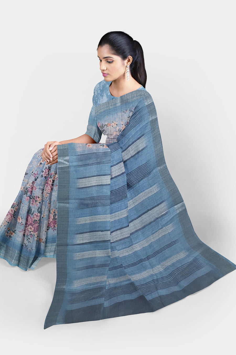 Pure Linen Digital Print Saree by Sarandhri Sanyogita Floral Skies Symphony x One Blouse