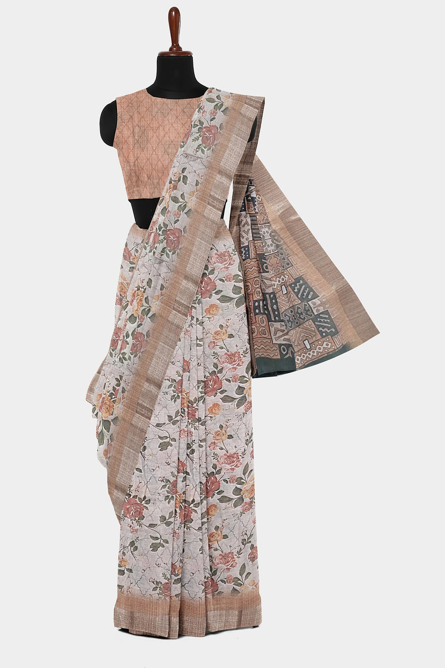 Pure Linen Digital Print Saree by Sarandhri Sanyogita Pallu Petry in Cream x One Blouse