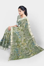 Linen Satin Saree by Sarandhri Siddhi Linen Satin Saree Olive Grove Glamour x One Blouse