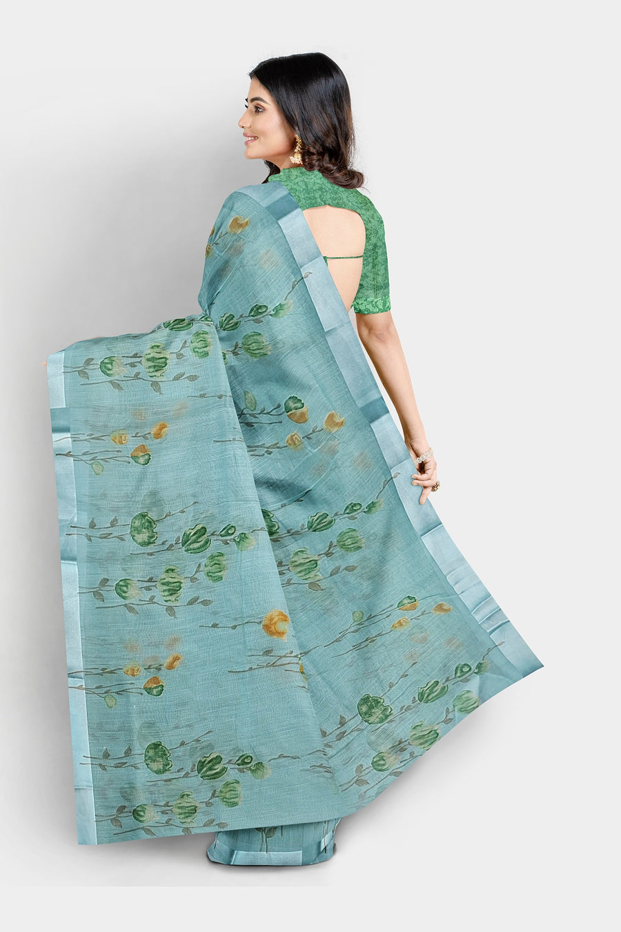Linen Satin Saree by Sarandhri Siddhi Linen Satin Saree Emerald Enchantment x One Blouse