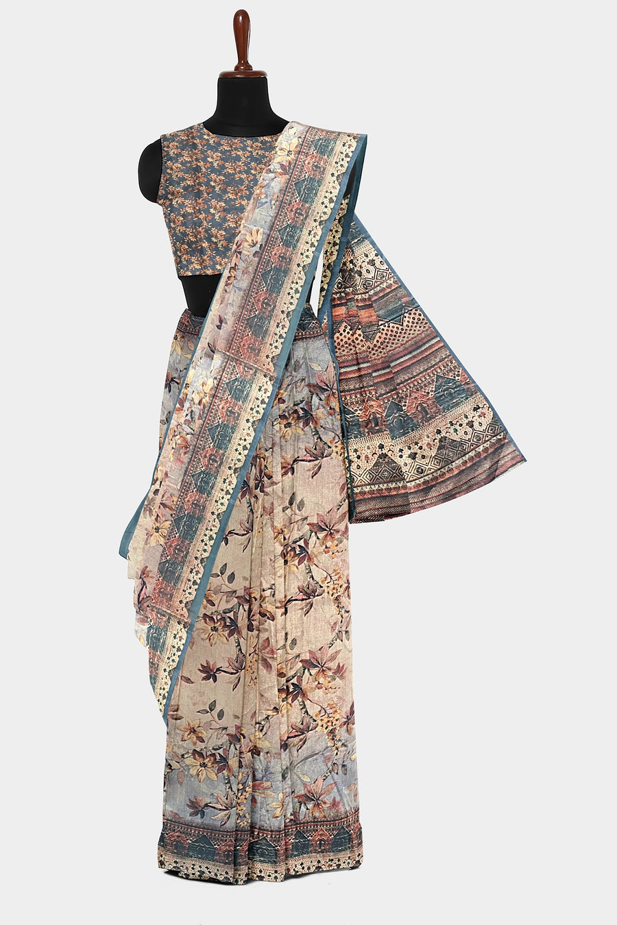 Silk Saree by Sarandhri Cosy Silk with a Floral Print Caramel Cornflower Whispers x One Blouse