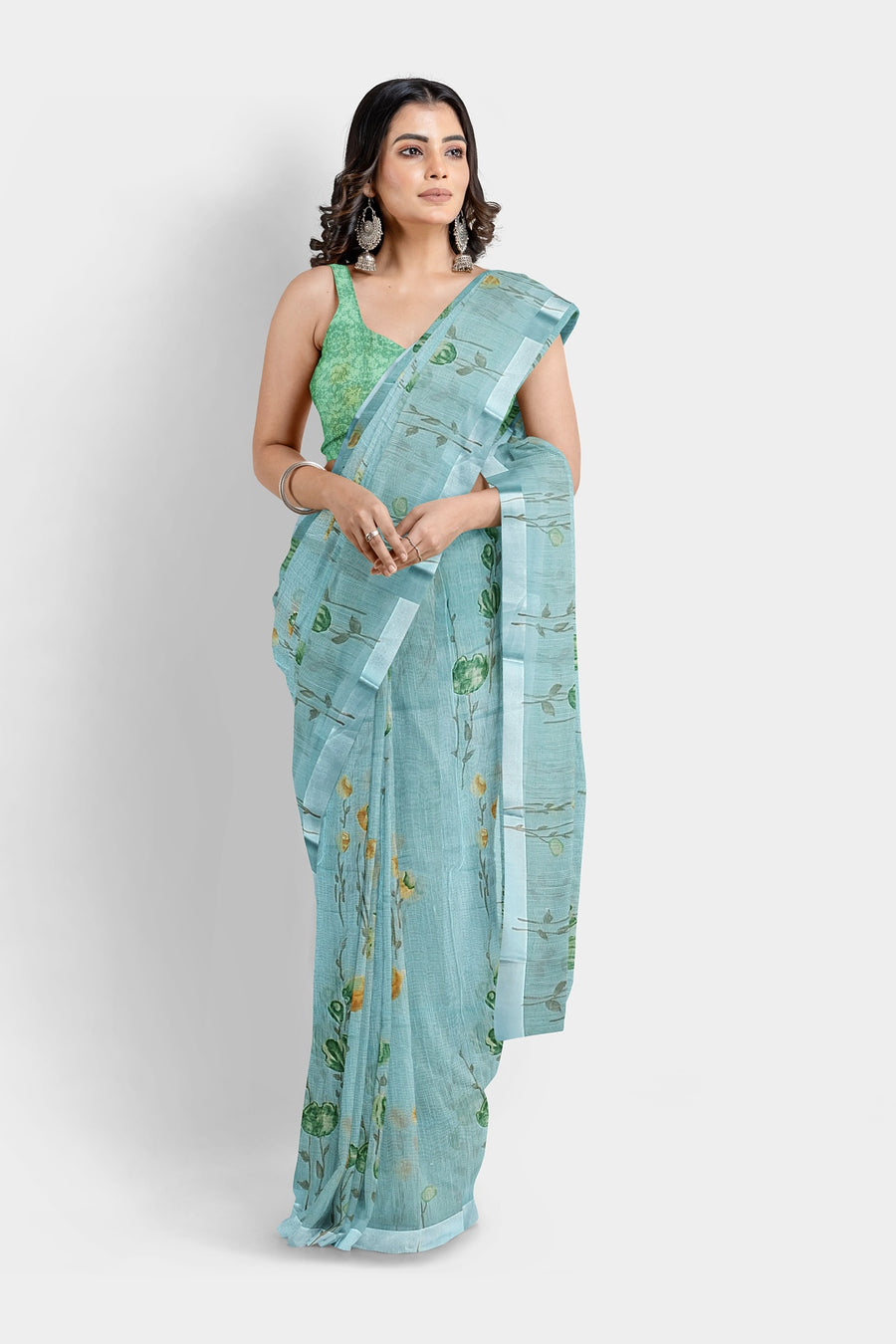 Linen Satin Saree by Sarandhri Siddhi Linen Satin Saree Emerald Enchantment x One Blouse