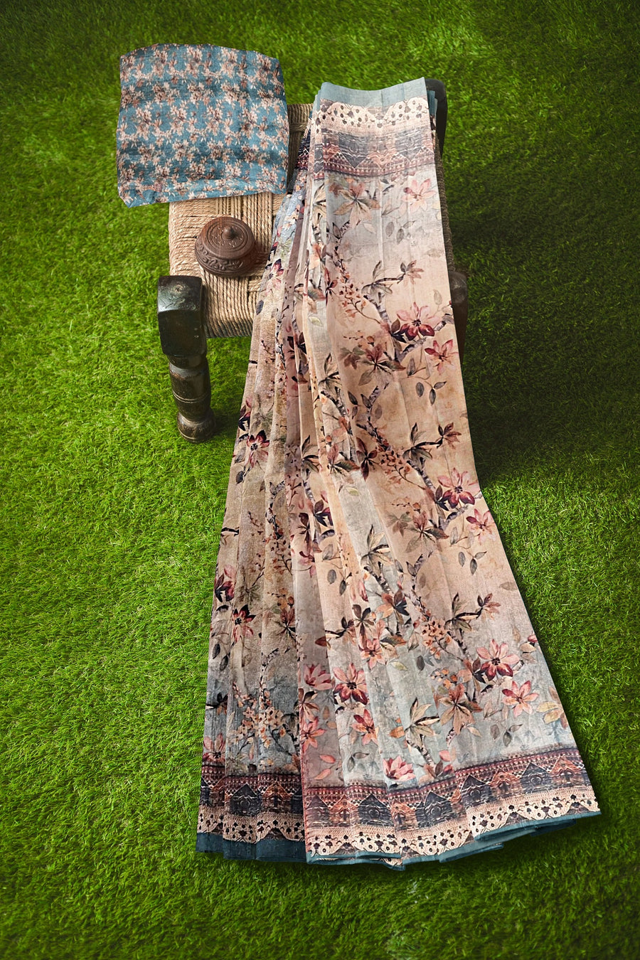 Silk Saree by Sarandhri Cosy Silk with a Floral Print Mossy Maroon Meadow x One Blouse
