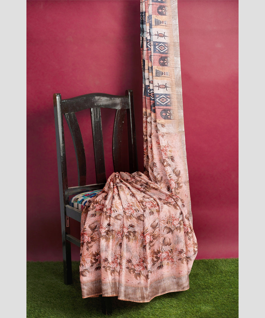 Pure Linen Digital Print Saree by Sarandhri Sanyogita Floral Sunshine Symphony x One Blouse