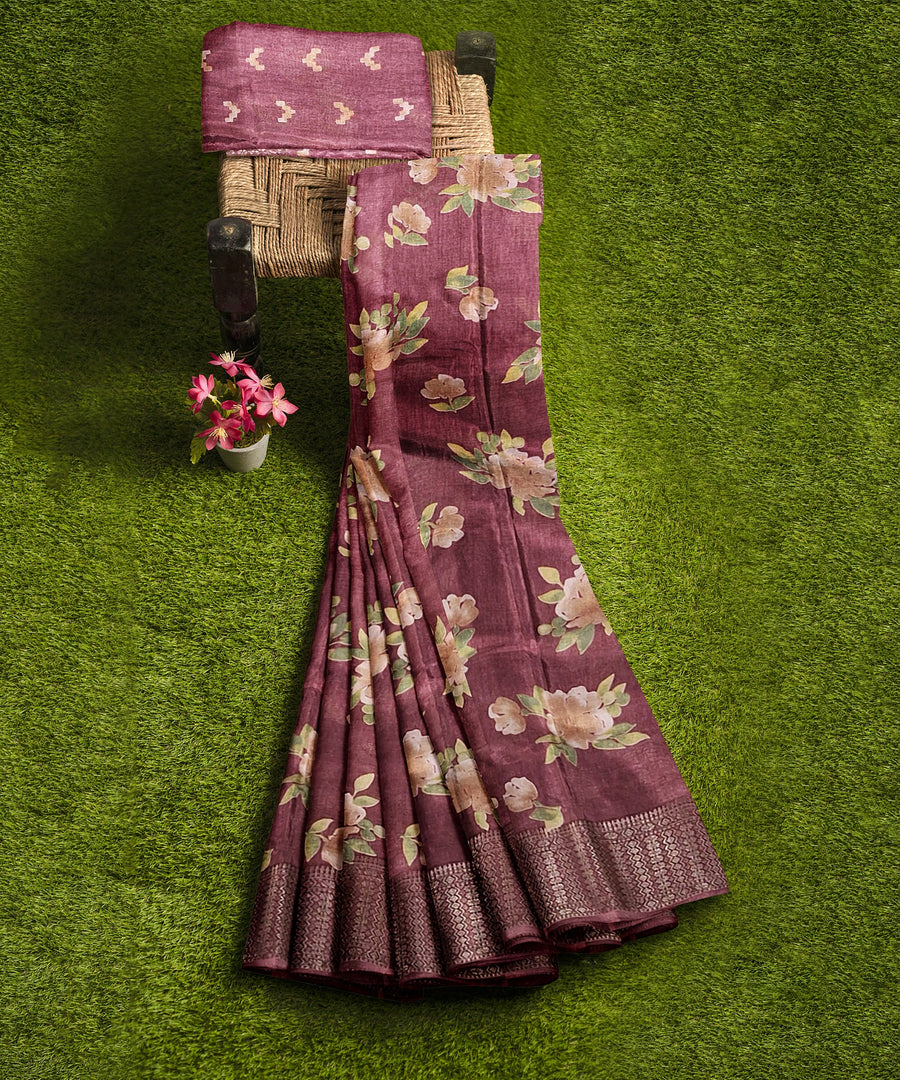 Silk Saree by Sarandhri Dola Silk Cambridge Saree Burgundy Blossom x One Blouse