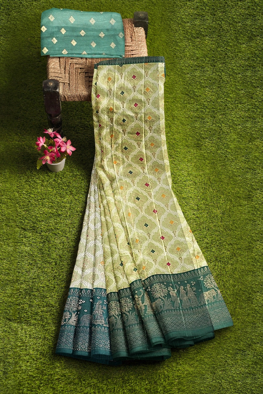 Royal Silk Saree by Sarandhri Rajdarbari Jadeite Silk with Golden Grace  x One Blouse