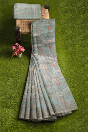 Organza Saree with Jacquard Border Shimmering Meadows x One Blouse