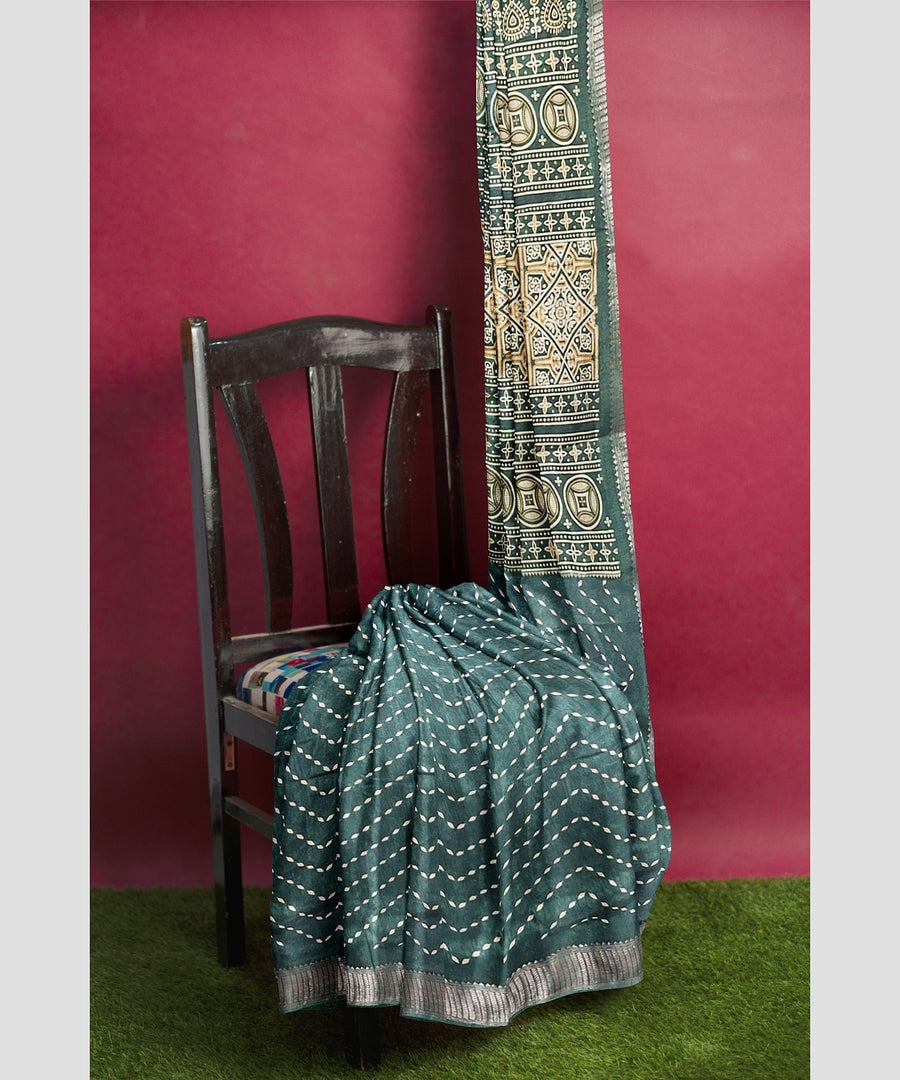 Silk Saree by Sarandhri Dola Silk with Jacquard Border Riddhi Majestic Green Zags Glam x One Blouse
