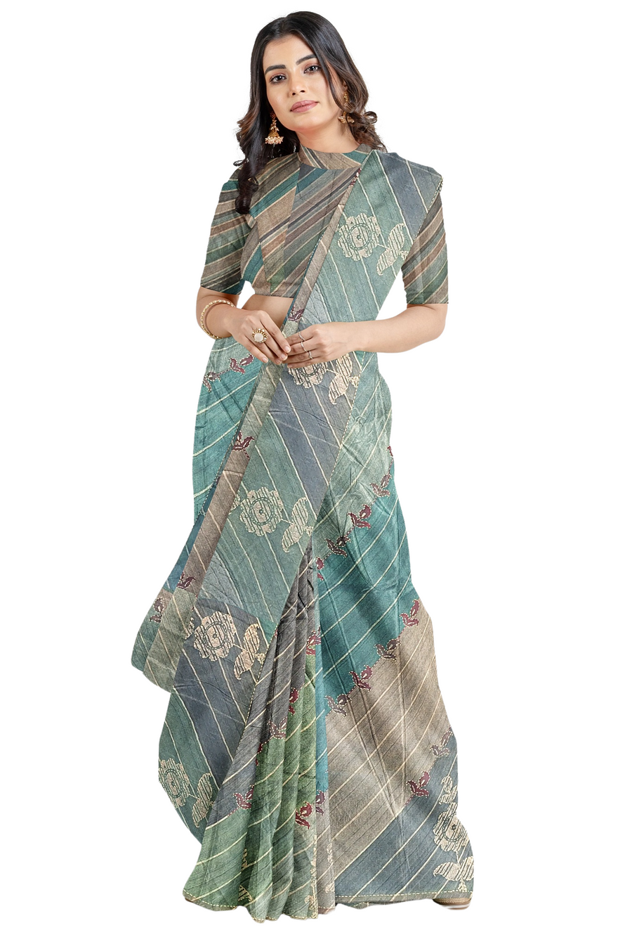 Silk Saree by Sarandhri Cosy Silk Sage Stripes x One Blouse