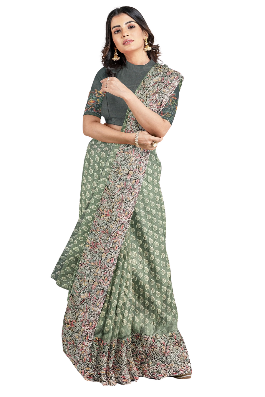 Tripur Silk Saree by Sarandhri With An Intricate Embroidered Border Charan Kamal Emerald Elegance x One Blouse