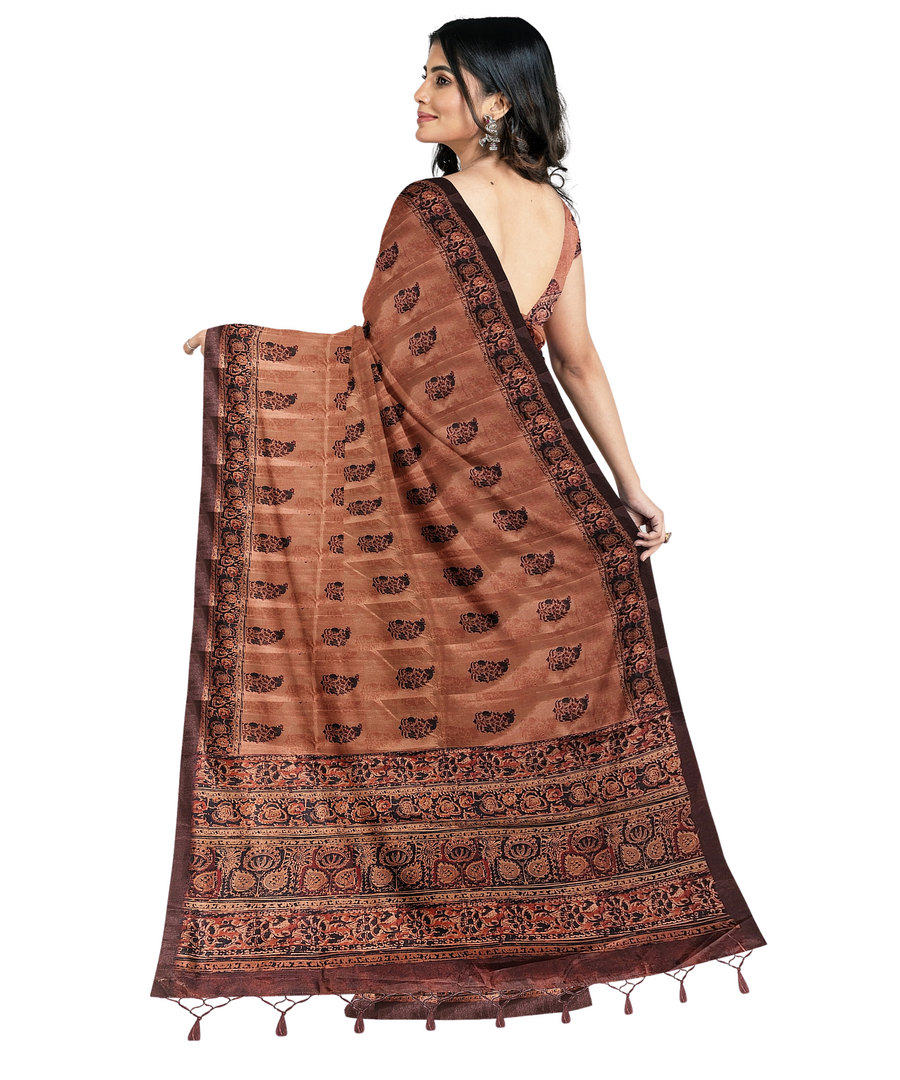 Silk Saree by Sarandhri Cosy Silk with Traditional Indian Print Majestic Mocha Melody x One Blouse