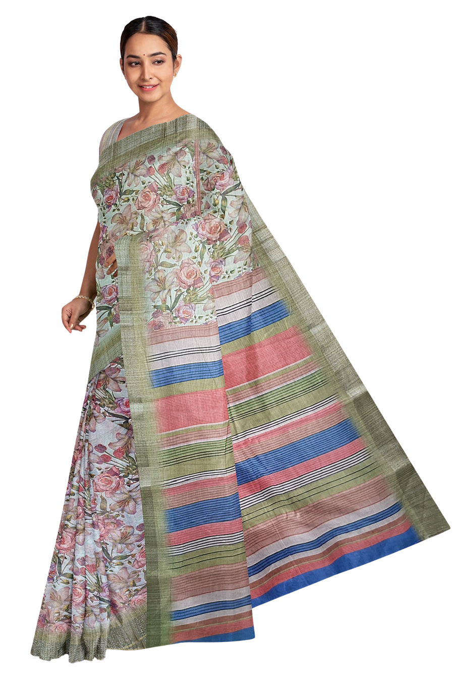 Pure Linen Digital Print Saree by Sarandhri Sanyogita Roses in Full Bloom x One Blouse