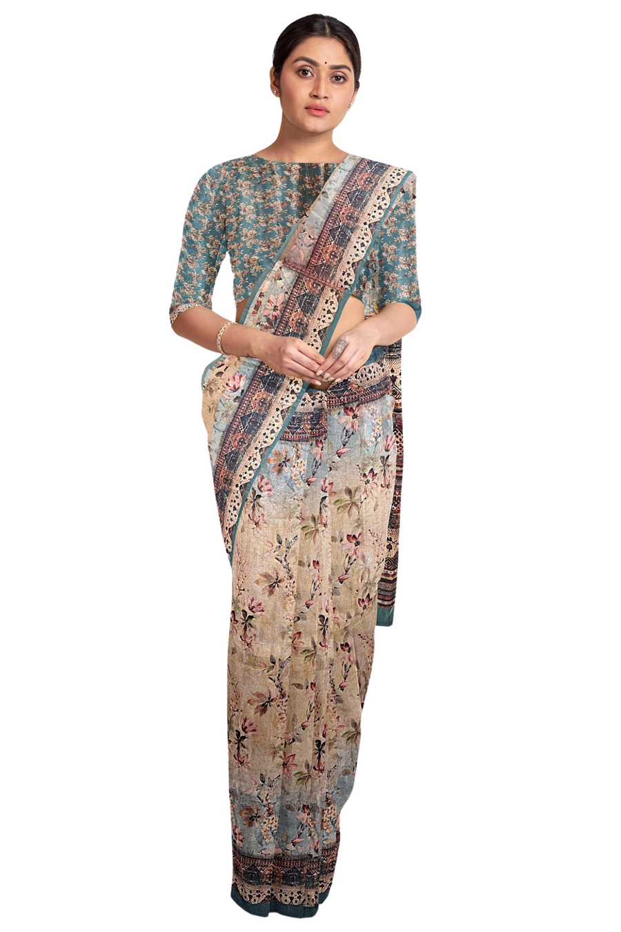 Silk Saree by Sarandhri Cosy Silk with a Floral Print Mossy Maroon Meadow x One Blouse